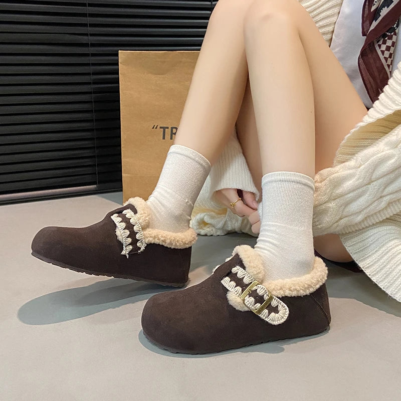 2025 /Winter Fashion Flat Shoes Comfortable  Keep Warm  Plush Flat Round Head Loafers Women's Shoes Zapatos De Mujer 3629