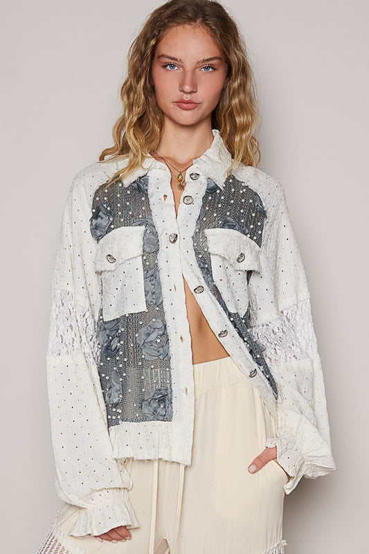 POL Eyelet Flower Pearl Detail Lace Patchwork Shirt - Classique Collection