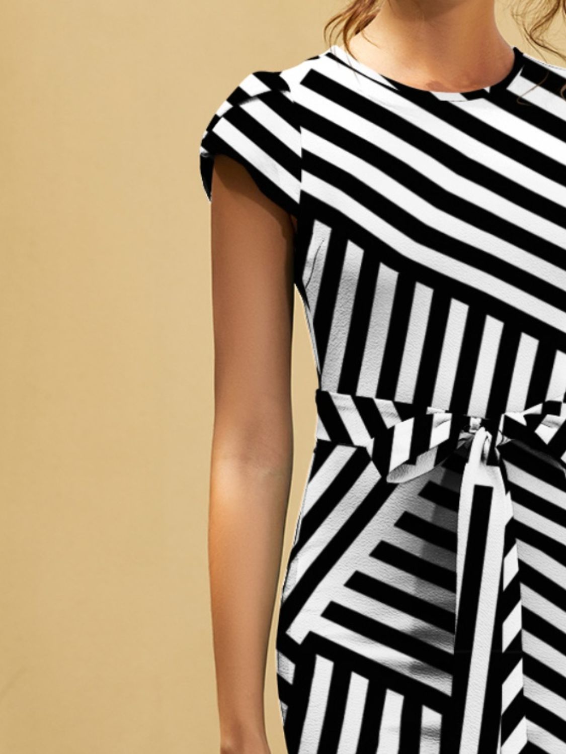 FAM-FAM Tied Striped Round Neck Cap Sleeve Dress - Classique Collection