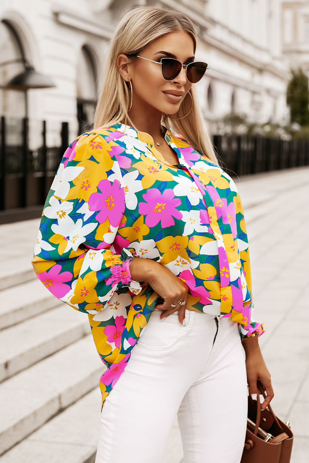 Floral Print Notched Neck Lantern Sleeve Blouse - Classique Collection