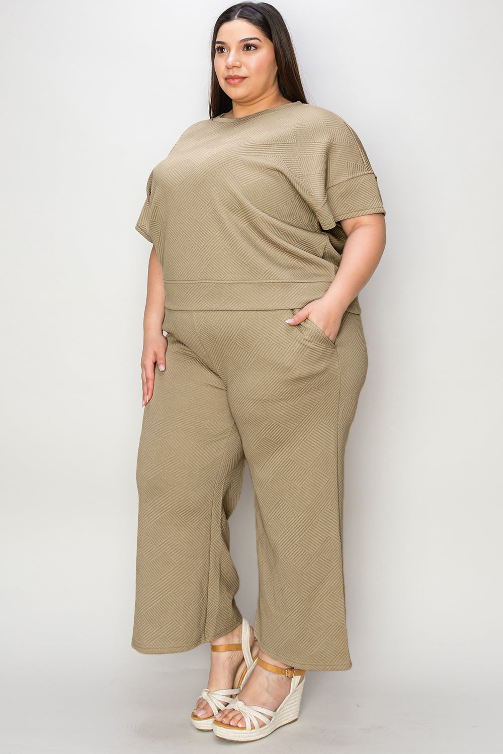 Double Take Full Size Texture Short Sleeve Top and Pants Set - ClassiQ