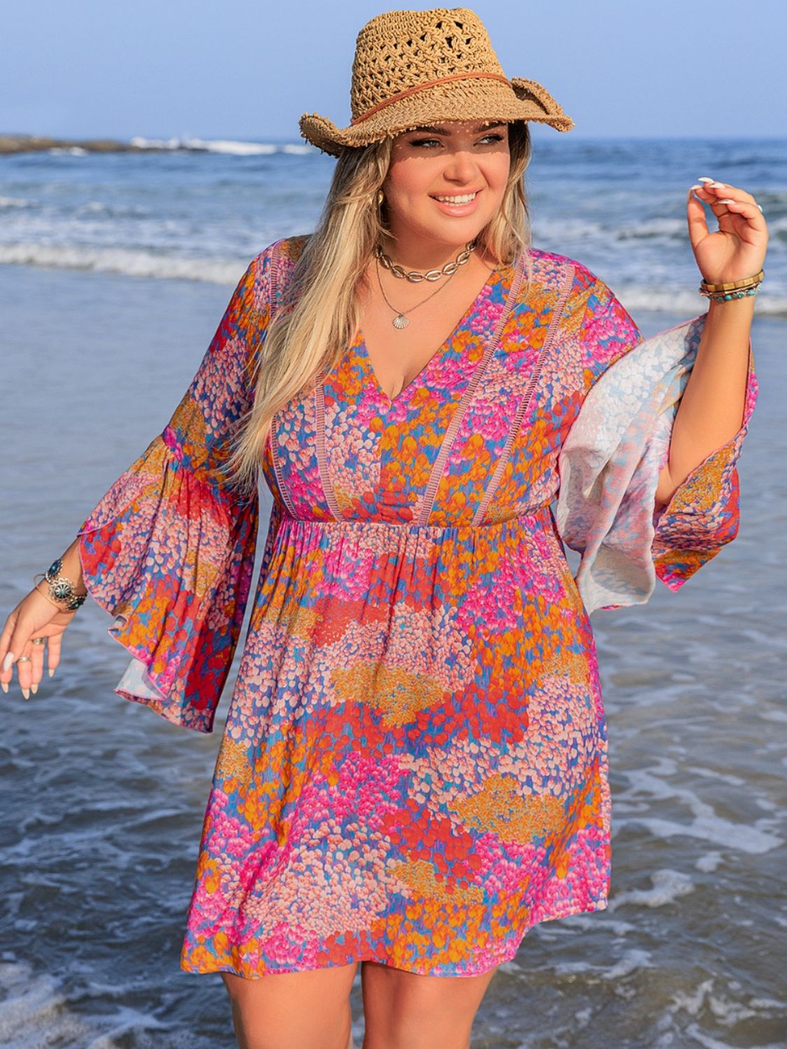 Plus Size Ruched Printed Long Sleeve Dress - Classique Collection