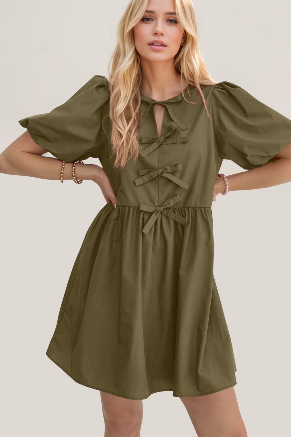 Oh Bow Ruched Puff Sleeve Mini Dress - Classique Collection