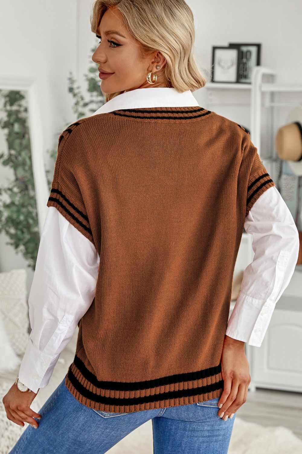 Striped Trim V-Neck Sweater Vest - ClassiQ