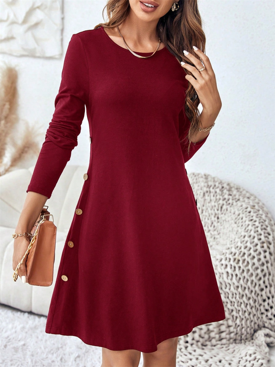 Round Neck Long Sleeve Mini Dress with Pockets - Classique Collection