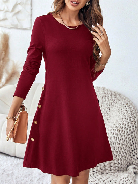 Round Neck Long Sleeve Mini Dress with Pockets - Classique Collection