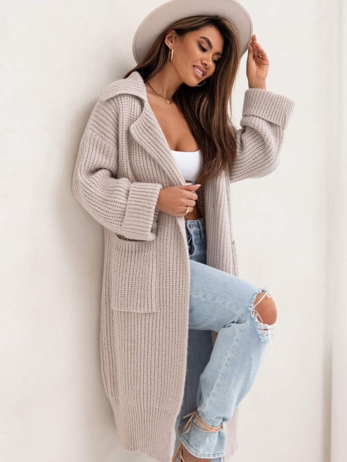 Pocketed Collared Neck Dropped Shoulder Cardigan - ClassiQ