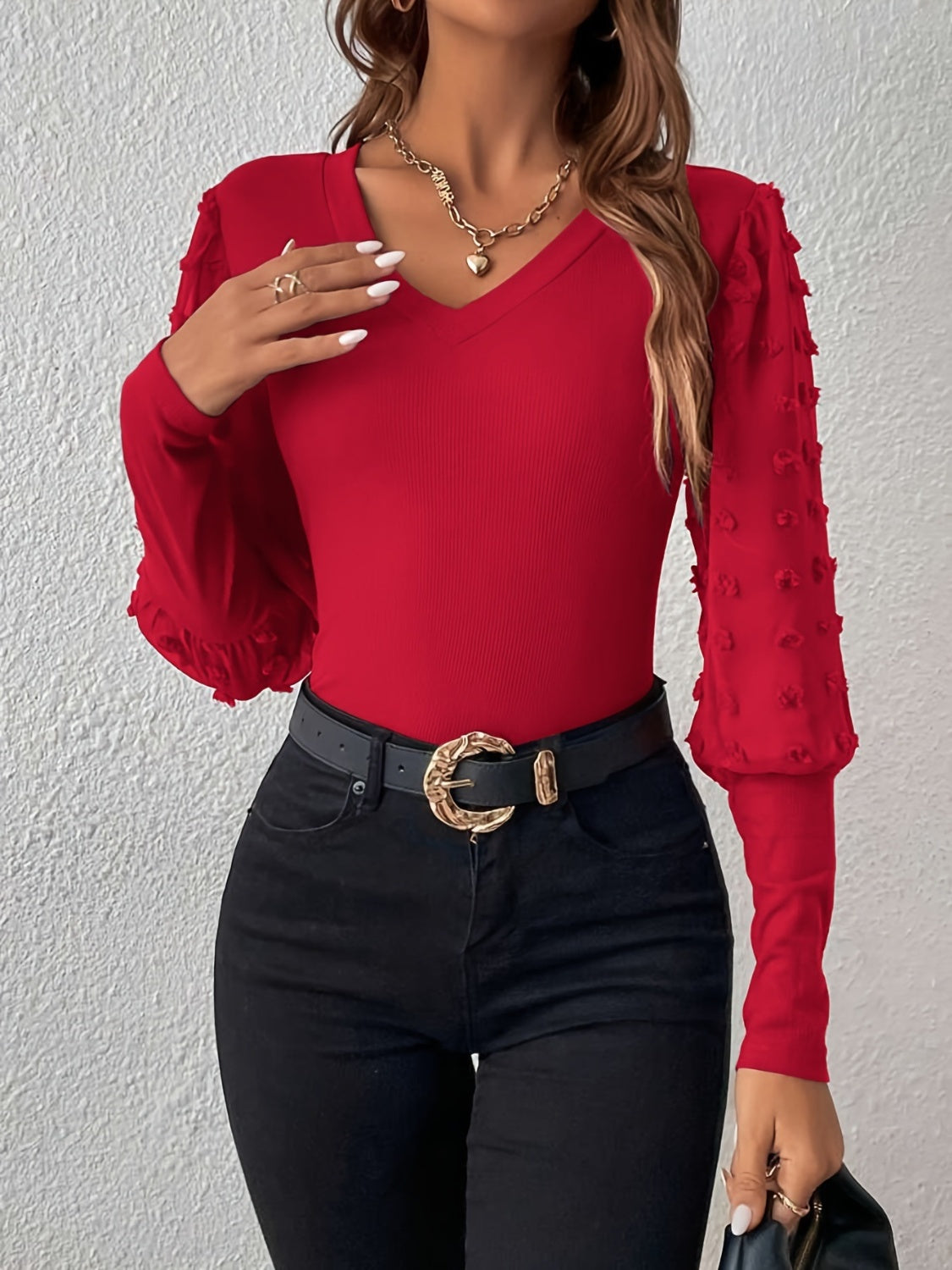 Swiss Dot V-Neck Long Sleeve Top - Classique Collection