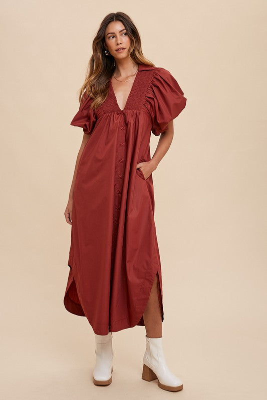 Annie Wear Smocked Puff Sleeve Midi Dress - ClassiQ