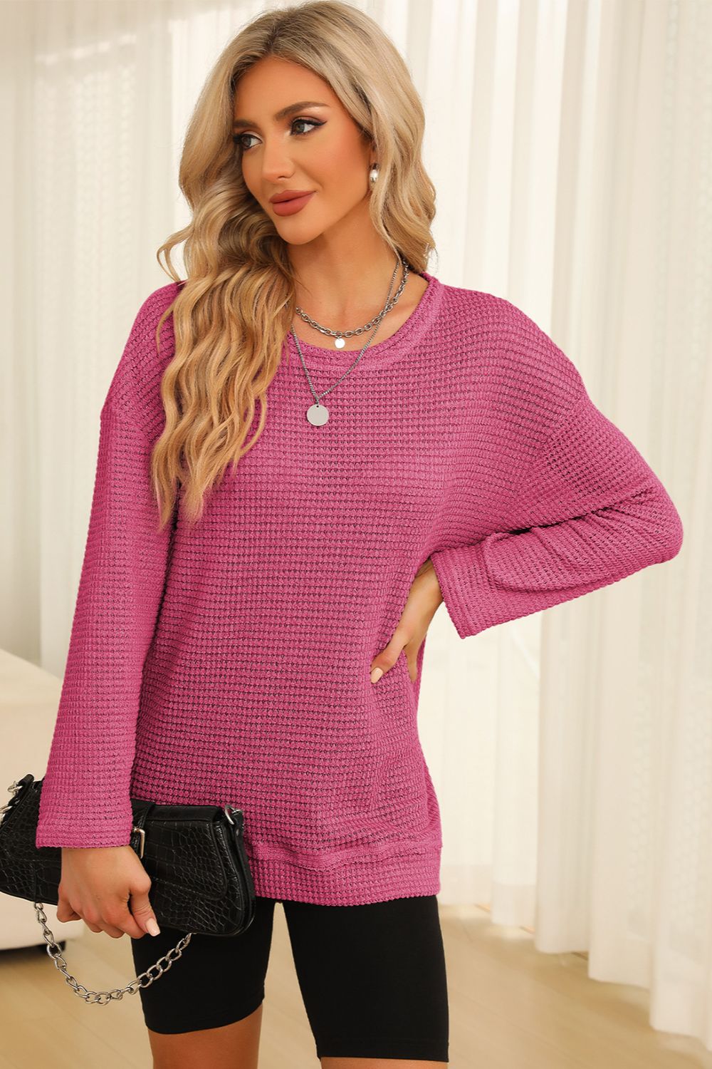 Waffle-Knit Round Neck Long Sleeve Sweatshirt - Classique Collection
