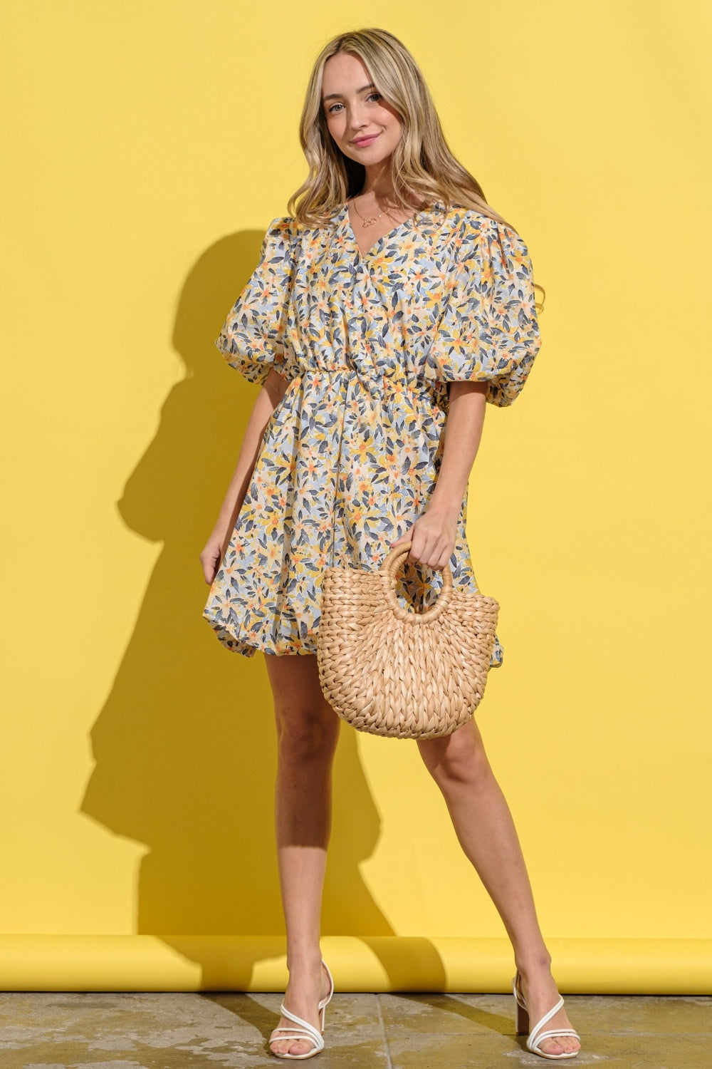 And The Why Full Size Floral Surplice Puff Sleeve Dress - Classique Collection