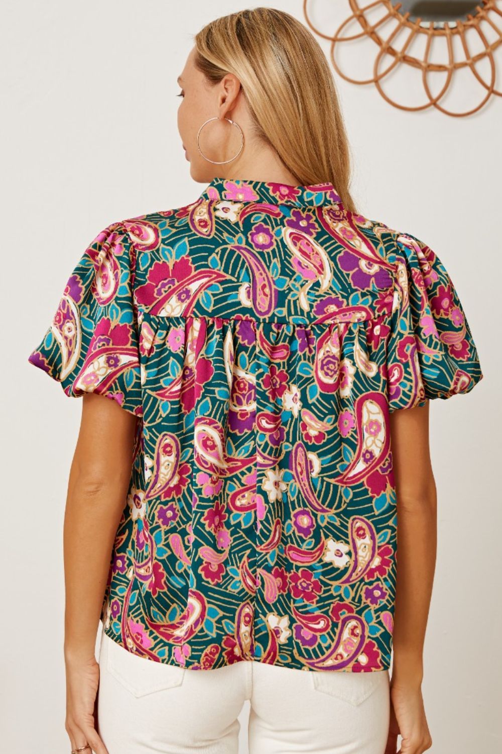 Floral Collared Neck Short Sleeve Blouse - Classique Collection