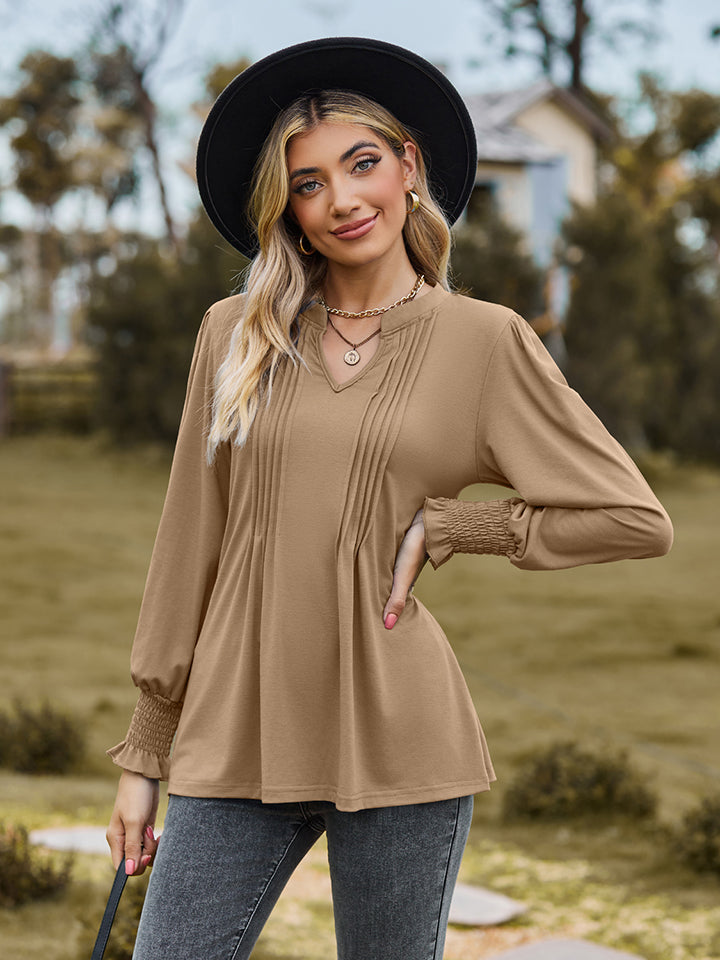 Notched Neck Flounce Sleeve Blouse - Classique Collection