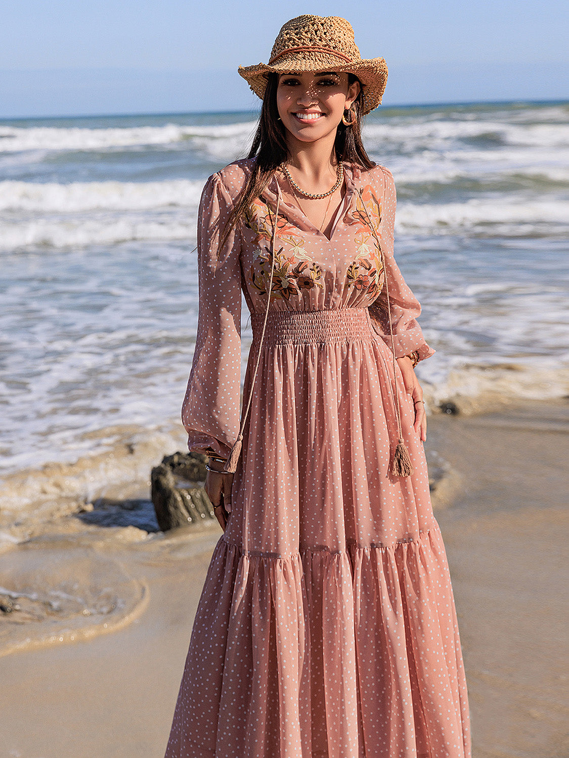 Embroidered Polka Dot Tie Neck Long Sleeve Midi Dress - Classique Collection