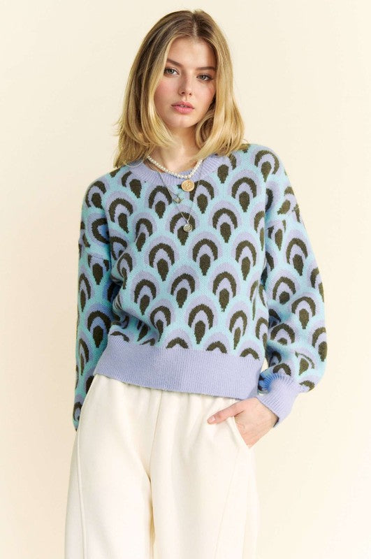 Davi & Dani Scale Jacquard Round Neck Drop Shoulder Sweater - Classique Collection