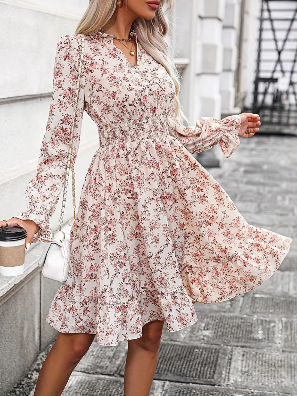 Ruffle Hem Floral Surplice Long Sleeve Dress - Classique Collection