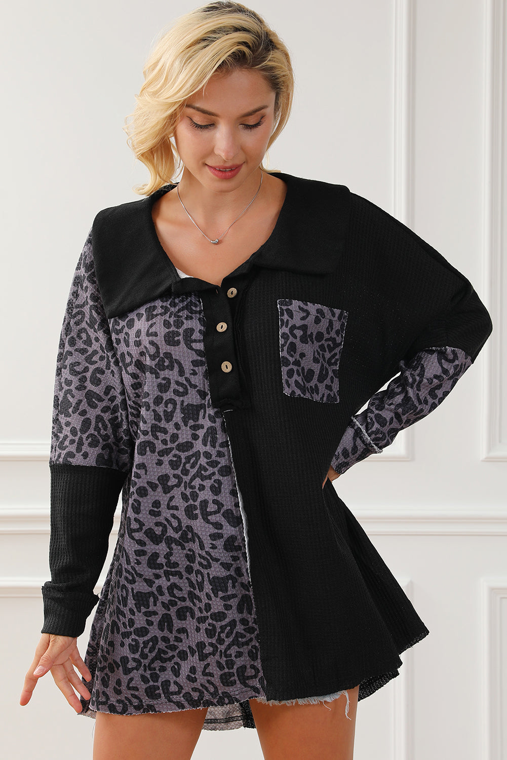 Half Button Leopard Collared Neck Blouse - Classique Collection