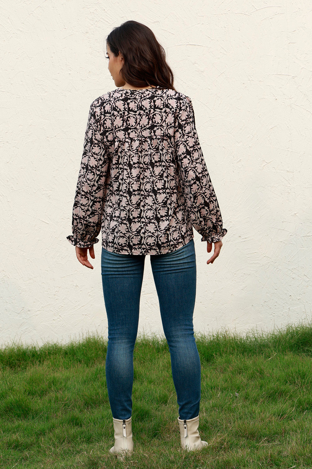 Floral Flounce Sleeve Round Neck Blouse - Classique Collection