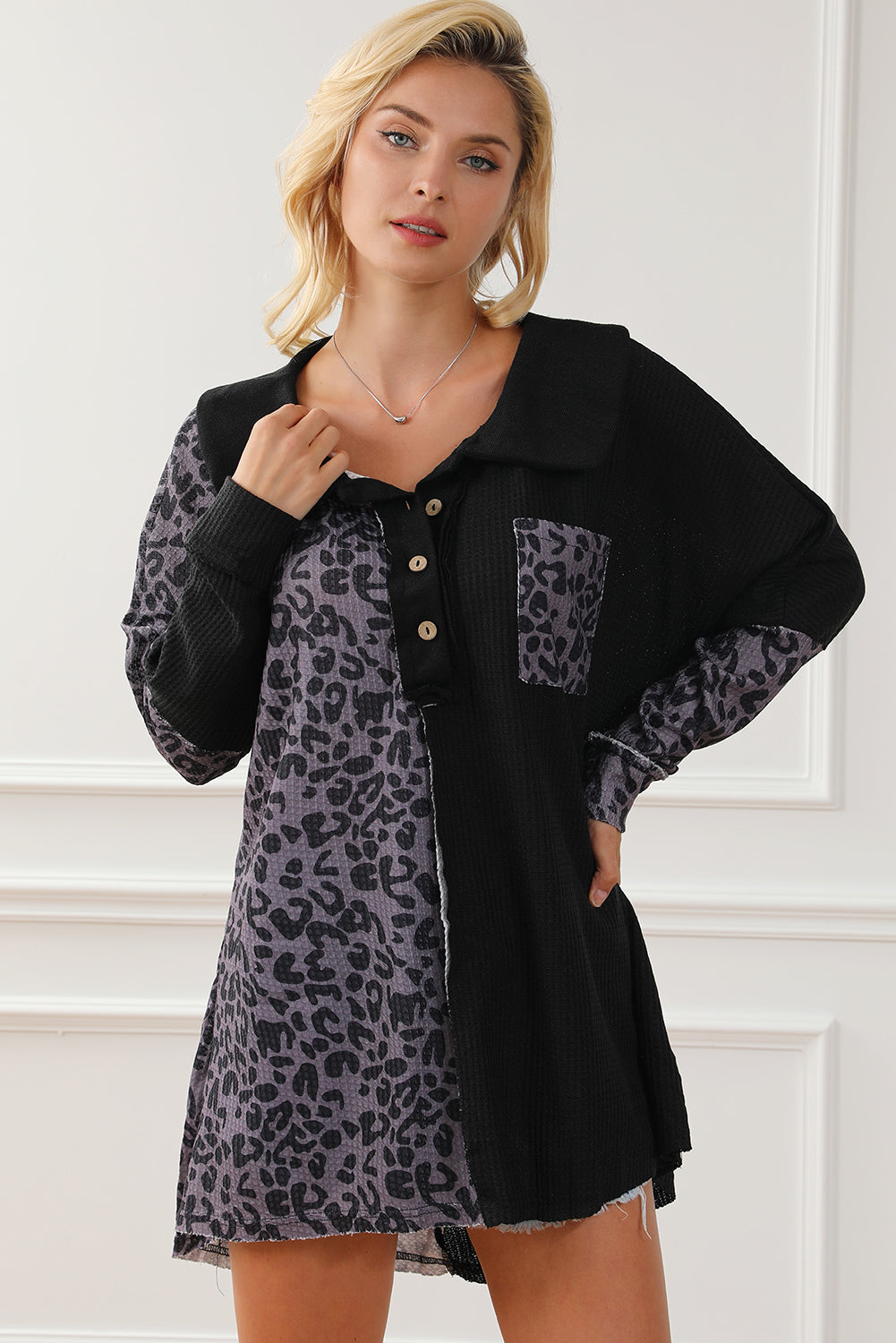 Half Button Leopard Collared Neck Blouse - Classique Collection