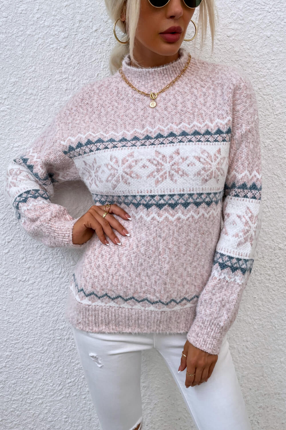 Snowflake Pattern Mock Neck Sweater - ClassiQ
