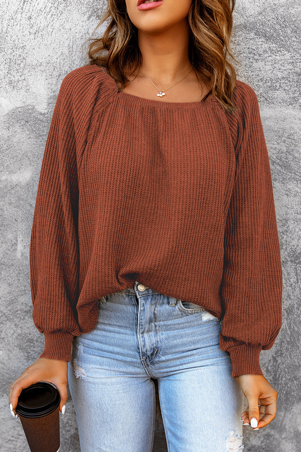 Square Neck Waffle-Knit Top - Classique Collection