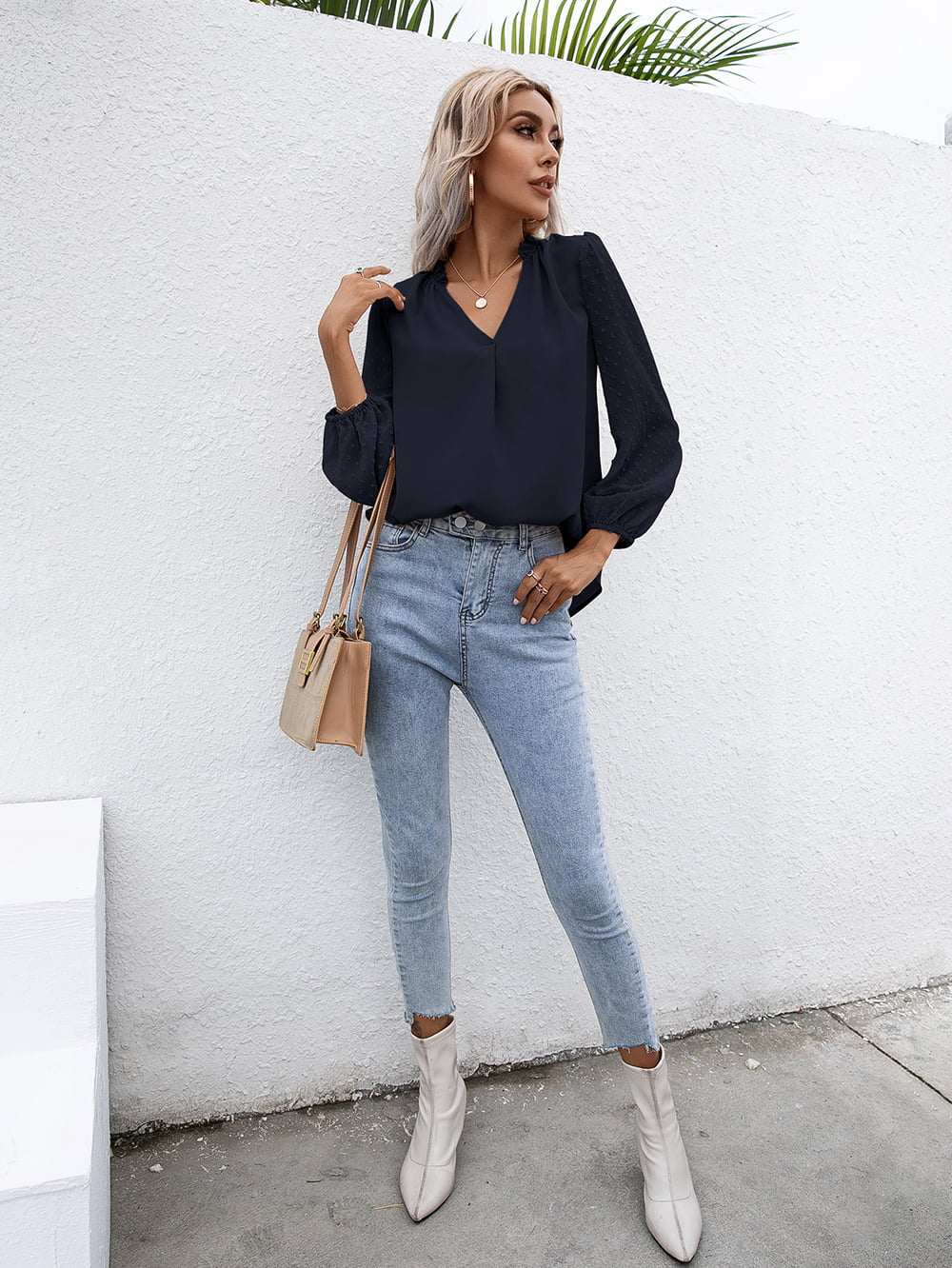 Ivy Lane Swiss Dot Frill Trim Puff Sleeve Blouse - Classique Collection