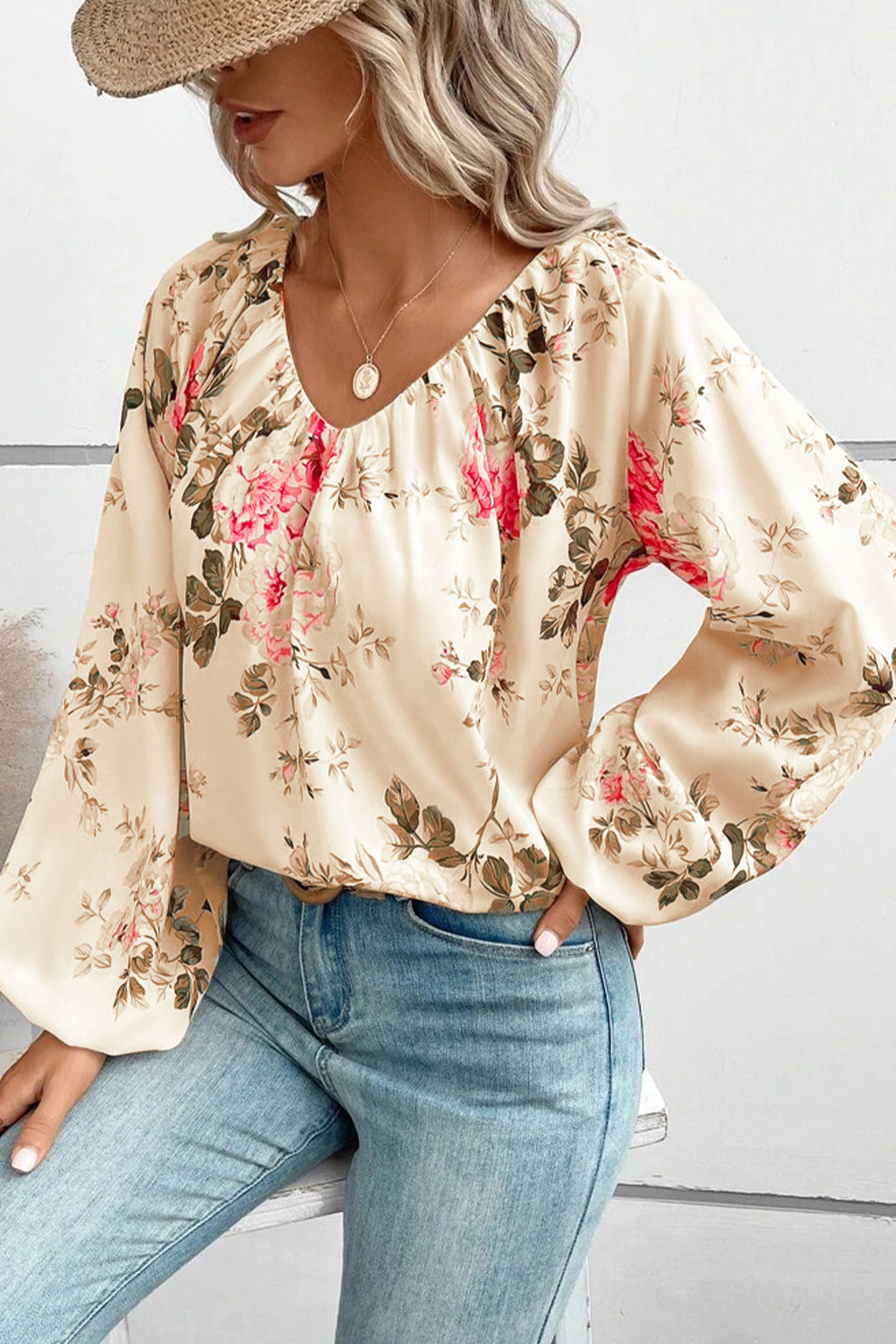 Floral V-Neck Balloon Sleeve Blouse - Classique Collection