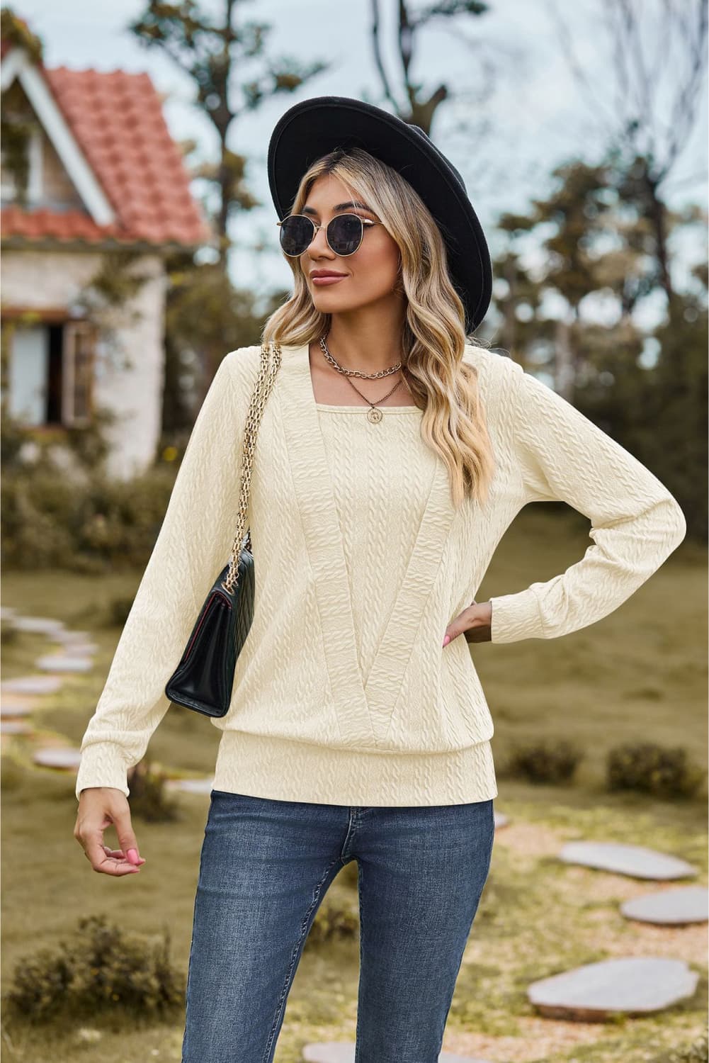 Square Neck Long Sleeve Blouse - Classique Collection