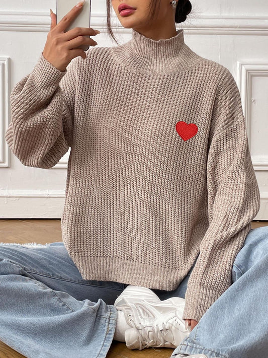Heart Turtleneck Dropped Shoulder Long Sleeve Sweater - ClassiQ