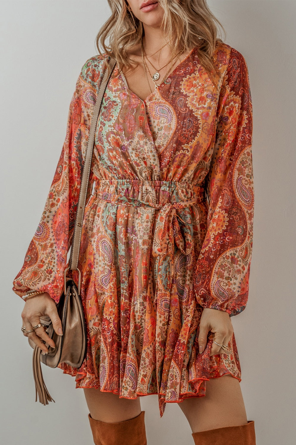 Tied Printed Balloon Sleeve Mini Dress - Classique Collection