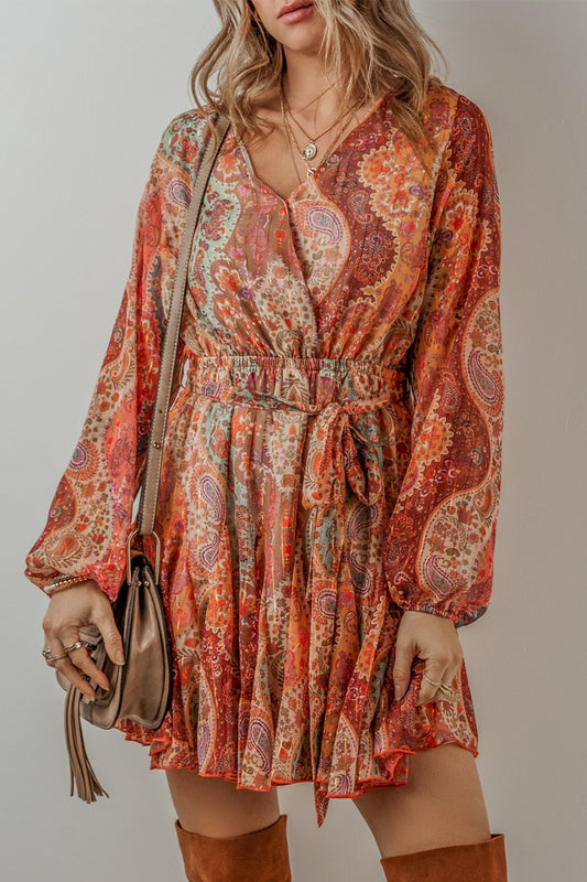 Tied Printed Balloon Sleeve Mini Dress - Classique Collection