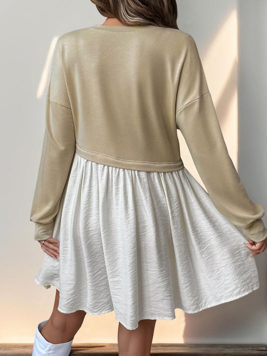 Perfee Contrast Round Neck Long Sleeve Mini Dress - Classique Collection