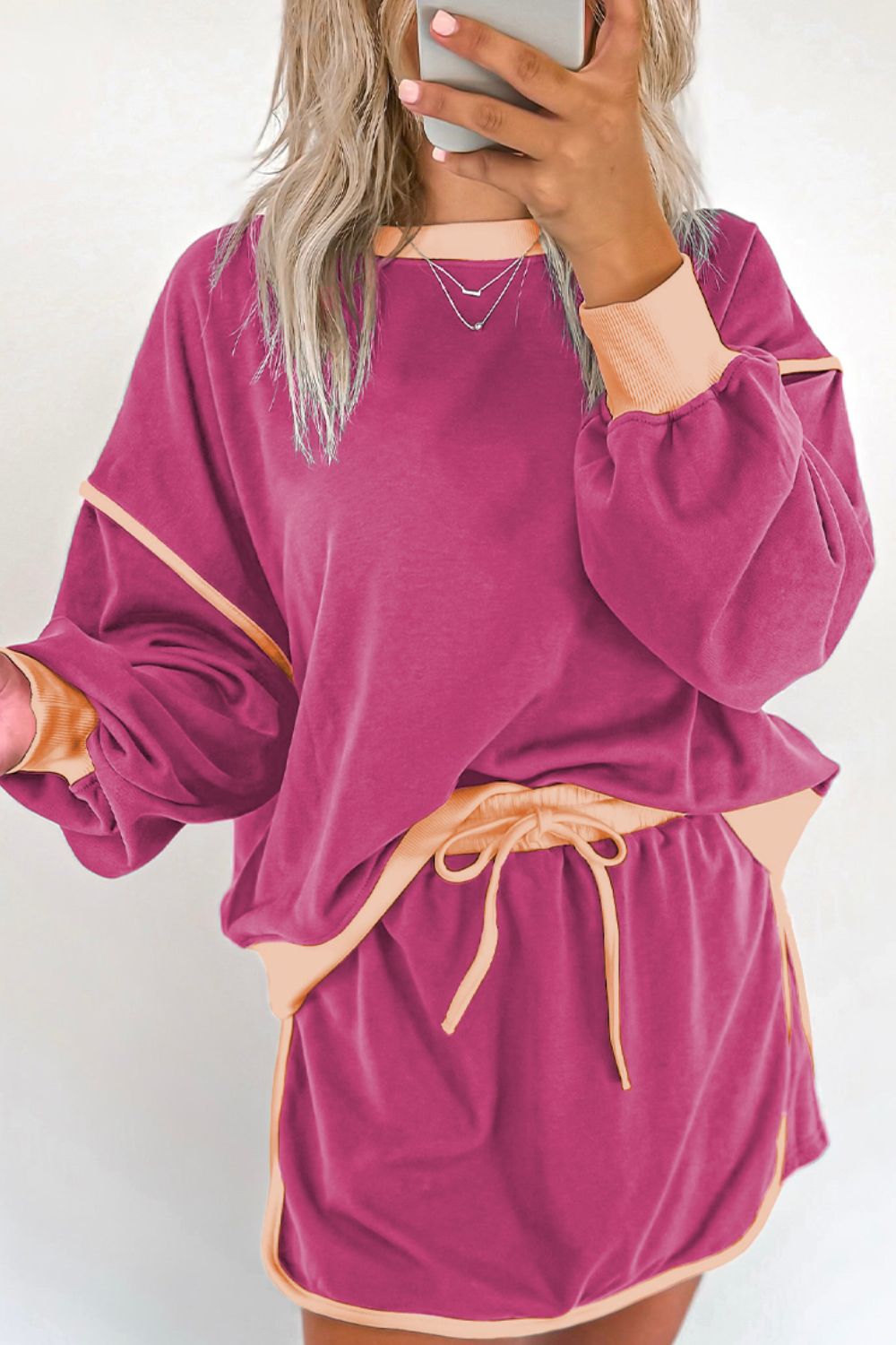 Contrast Trim Round Neck Top and Skort Set - ClassiQ