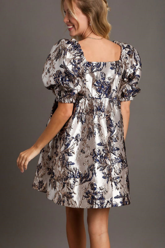 Umgee Metallic Jacquard Puff Sleeve Dress - Classique Collection