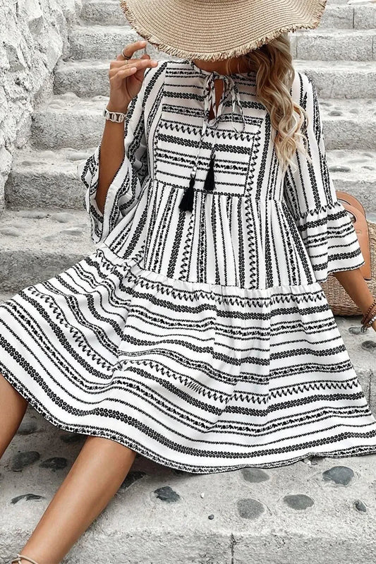 Printed Tie Neck Three-Quarter Sleeve Mini Dress - Classique Collection