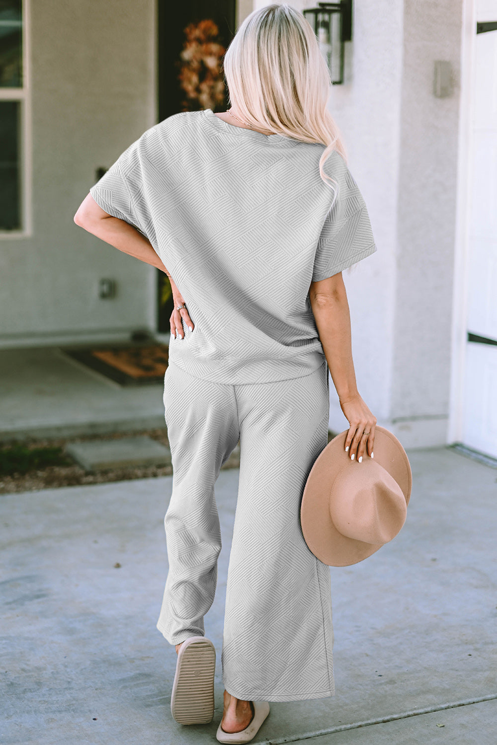 Double Take Full Size Texture Short Sleeve Top and Pants Set - ClassiQ