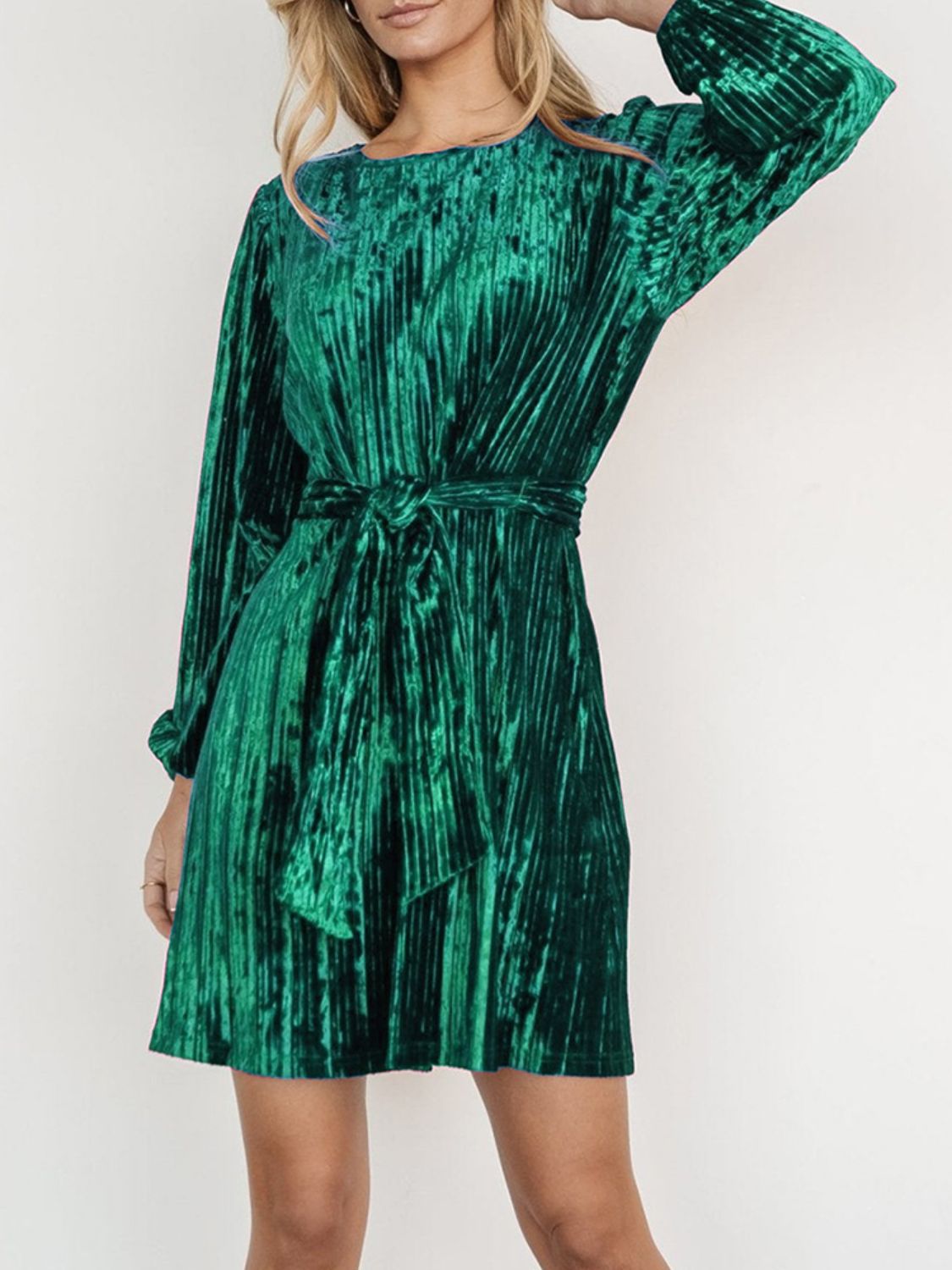 Velvet Round Neck Tie Waist Long Sleeve Mini Dress - Classique Collection