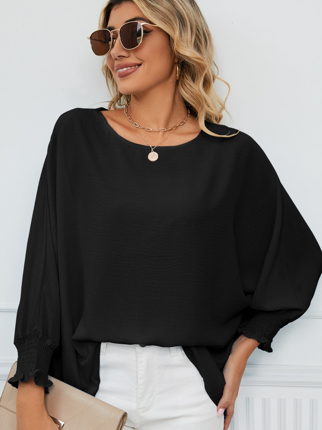 Smocked Lantern Sleeve Round Neck Blouse - Classique Collection