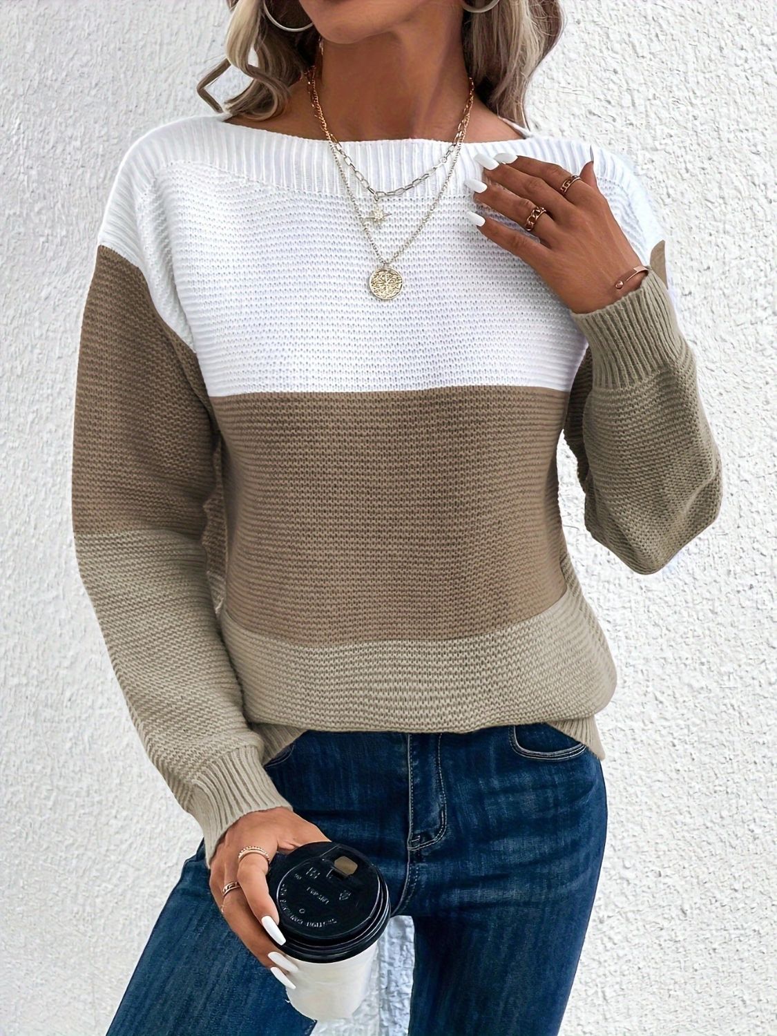 Color Block Boat Neck Sweater - ClassiQ