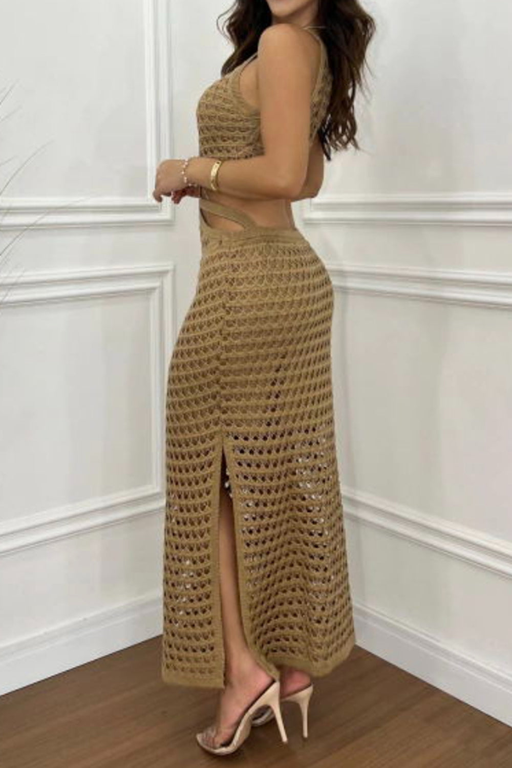 Cutout Slit Round Neck Sweater Dress - Classique Collection