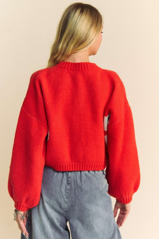 Davi & Dani Flower Contrast Round Neck Long Sleeve Cardigan - ClassiQ