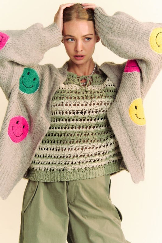 Davi & Dani Fuzzy Smile Open Front Long Sleeve Cardigan - Classique Collection