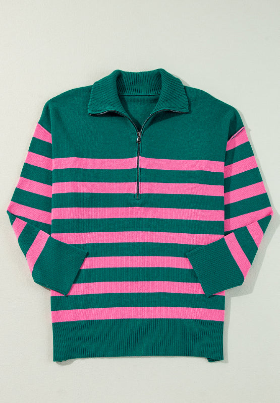 Contrast Striped Quarter Zip Long Sleeve Sweater - ClassiQ