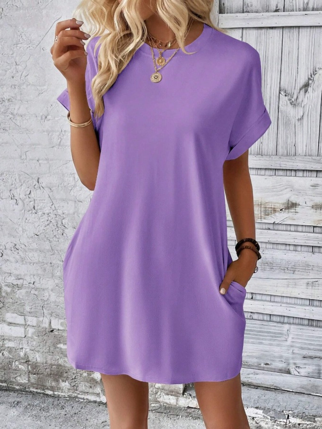 Pocketed Round Neck Short Sleeve Dress - Classique Collection