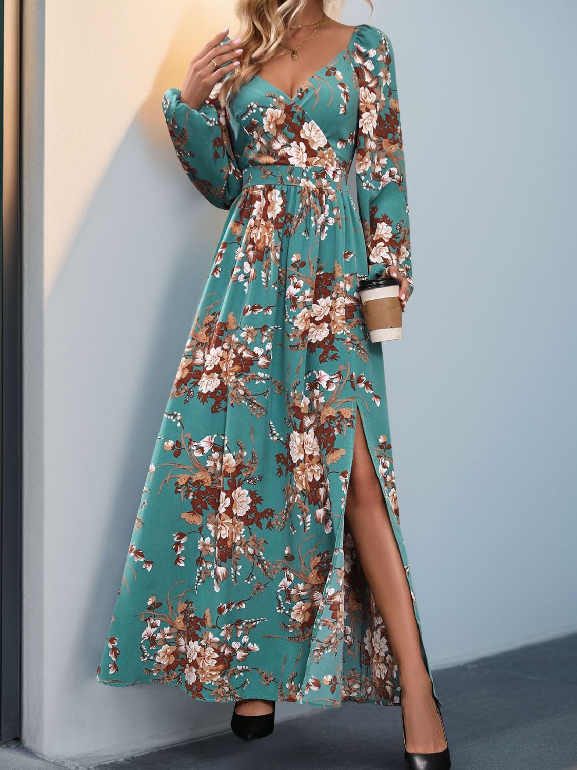 Perfee Slit Printed Surplice Long Sleeve Maxi Dress - Classique Collection