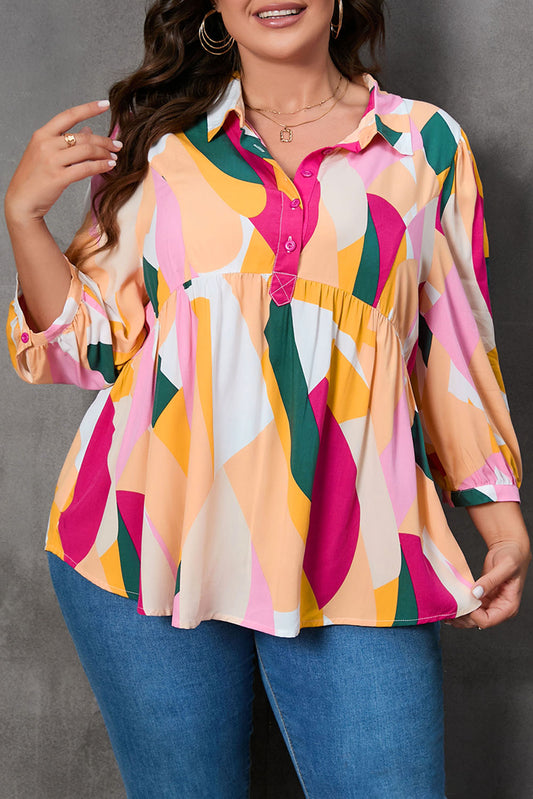 Plus Size Printed Collared Neck Half Button Top - Classique Collection