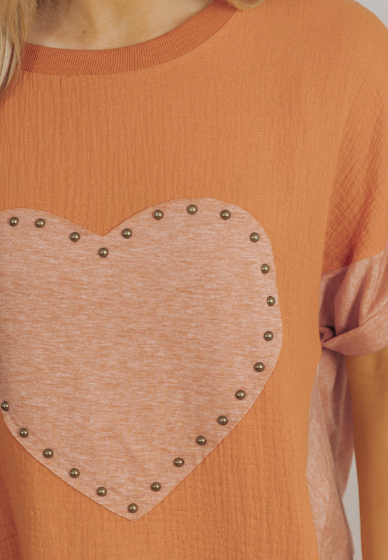 Stud Heart Patch Round Neck Short Sleeve T-Shirt - Classique Collection