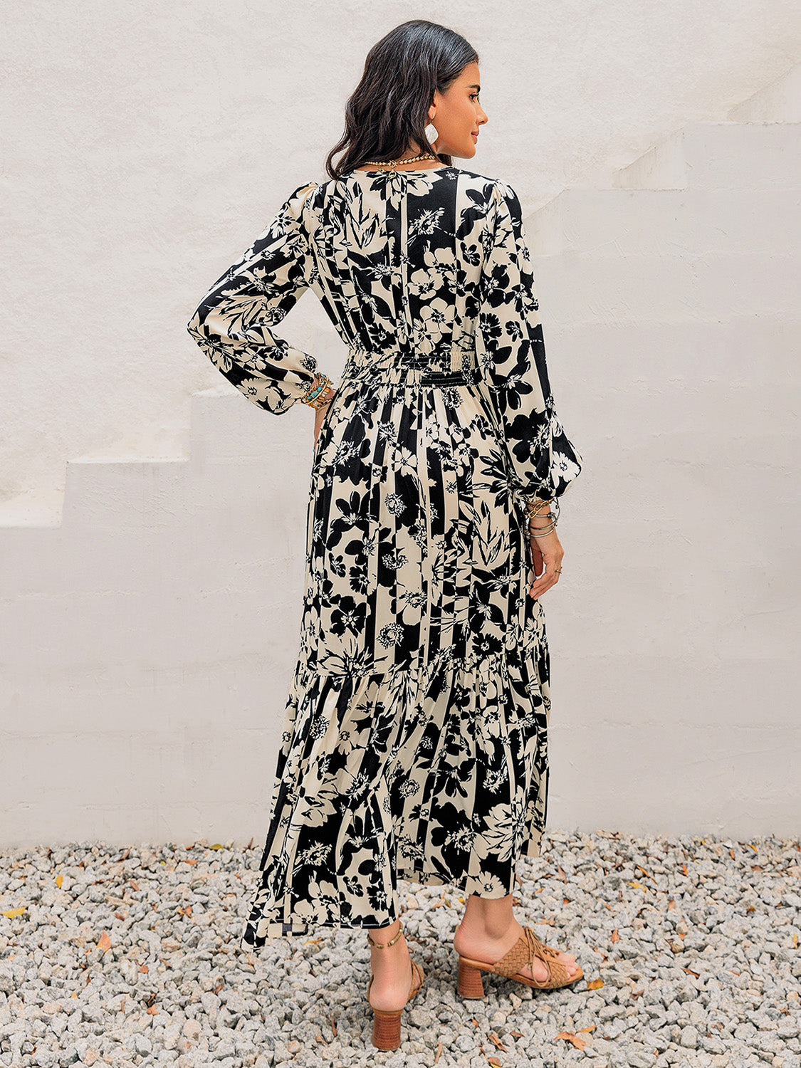 Smocked Printed Tie Neck Long Sleeve Dress - Classique Collection