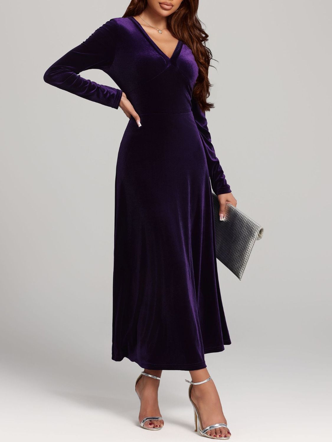 V-Neck Long Sleeve Velvet Dress - Classique Collection