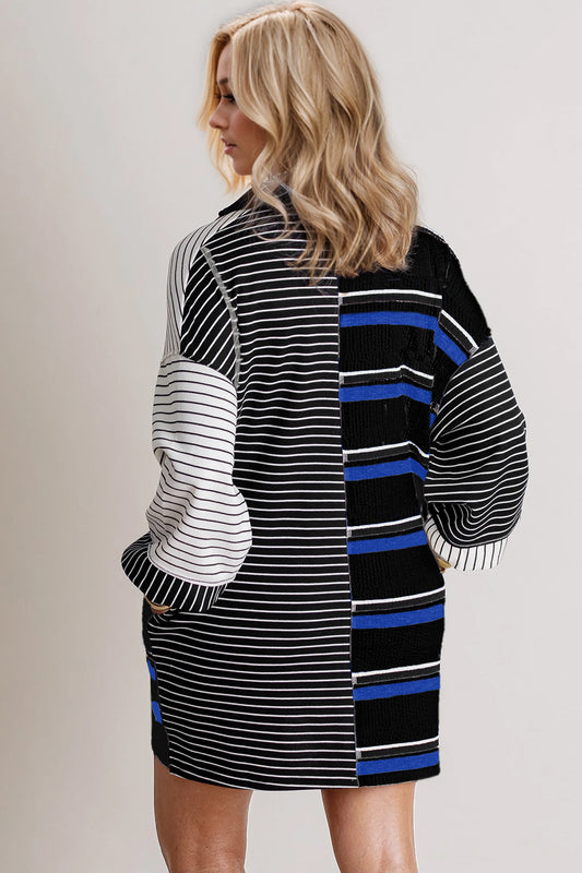 Oh Full Size Striped Half Button Long Sleeve Mini Dress - Classique Collection